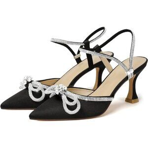 Susanny Women Black Closed Toe Rhinestone Bow Slingback Wedding Prom Shoe Size 7